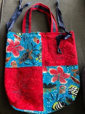 Coastal Sea Life Patchwork Tote Tropical Escape Beach Market Carryall Bag